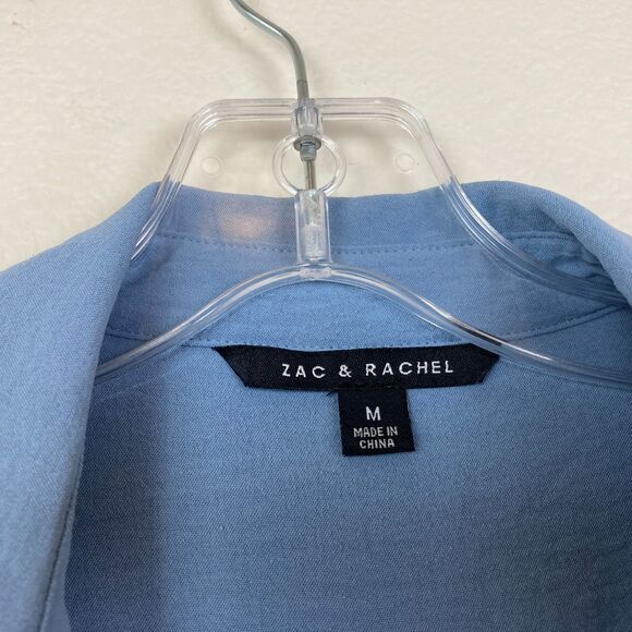 Zac & Rachel Women's V-Neck Button Up Blouse Size M Blue Roll Tab Sleeve Pockets - Picture 4 of 7